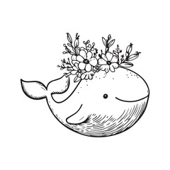 Cute Floral Whale Illustration &ndash; Botanical Decorative Hand-Drawn Animal Art