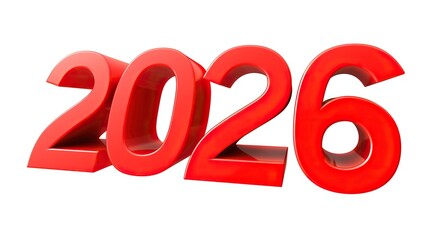 3D red '2026' text on a clean white background, suitable for graphic design, used for New Year celebrations, event promotion, calendars, or holiday design elements, featuring a vibrant red color.