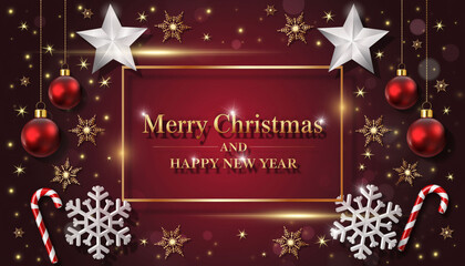 Merry Christmas And Happy New Year Greeting Card With Ornaments, Snowflakes, And Candy Canes