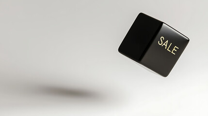 Black glossy cube hovering on a neutral backdrop, branded with "SALE" in gold letters. A modern minimalist vibe for promotional content. Great deal, discount offer.