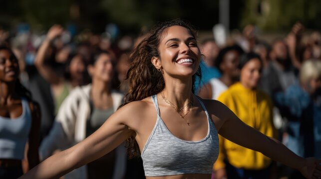 Smiling young woman exercising outdoors in activewear with a crowd during fitness event, symbolizing energy, health, happiness, and community spirit in an active lifestyle setting