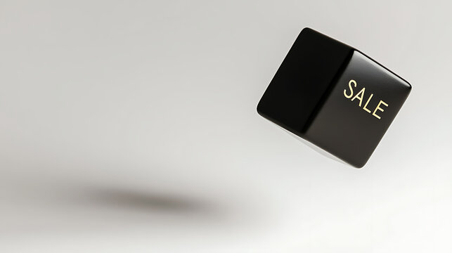 Black glossy cube hovering on a neutral backdrop, branded with "SALE" in gold letters. A modern minimalist vibe for promotional content. Great deal, discount offer.