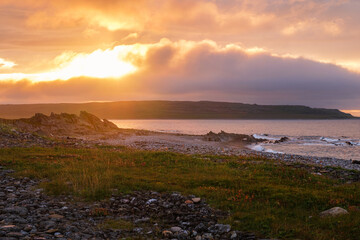 Russia, Murmansk region, Rybachy Peninsula. Sunset on the Barents Sea coast. August 2025