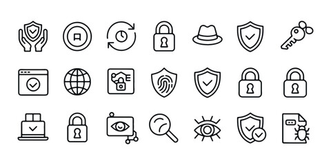 Cyber Security and Data Protection Vector Icon Set - Privacy, Encryption, Antivirus, and Shield Line Art