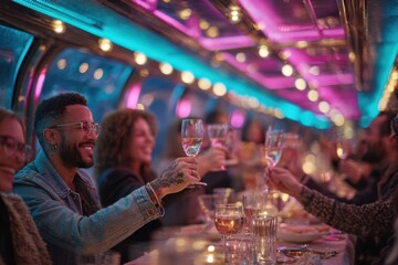 Group of happy friends toasting with wine glasses at festive dinner under colorful neon lights, celebrating friendship and joyful moments in modern restaurant with vibrant nightlife ambiance