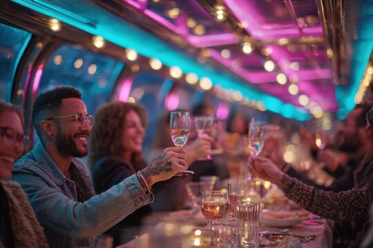 Group of happy friends toasting with wine glasses at festive dinner under colorful neon lights, celebrating friendship and joyful moments in modern restaurant with vibrant nightlife ambiance