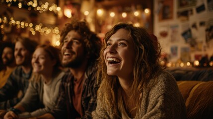 Fototapeta premium Joyful group of friends laughing and enjoying cozy evening together in warmly lit living room with festive lights, capturing happiness, connection, and authentic friendship moments at home