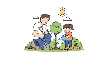 Smiling father and daughter planting a green sapling, dad with shovel, girl with watering can, flat cartoon style.