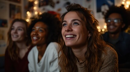 Fototapeta premium Smiling group of friends watching a movie together in cozy home setting with warm lights, capturing genuine happiness, togetherness, and relaxed evening mood filled with laughter and joy