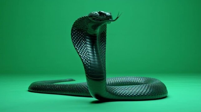 Cobra snake coiled in a defensive posture with its hood flared out on a solid green background, suitable for various design applications with a dramatic mood.