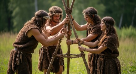 Caucasian young adults in traditional attire building wooden structure outdoors