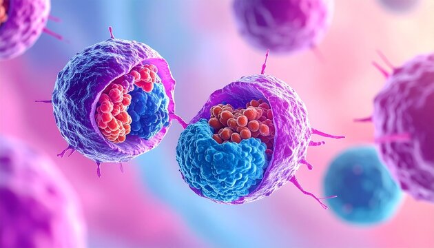 This image shows a microscopic view of what appears to be circulating tumor cell clusters against a colorful