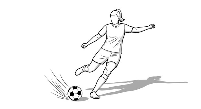 Dynamic linear drawing of a female football player kicking a soccer ball