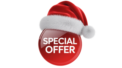 Shiny red christmas ornament with white text reading special offer wearing a santa hat isolated on transparent background