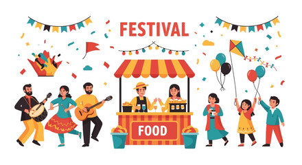 Vibrant Festival Celebration with Musicians, Food Stall, and Joyful Children in Flat Design