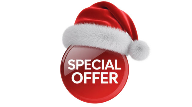 Shiny red christmas ornament with white text reading special offer wearing a santa hat isolated on transparent background