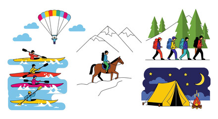Vibrant Flat Design Vector Illustrations of Diverse Outdoor Adventure Activities