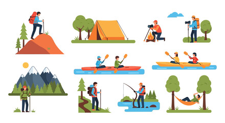 Vibrant flat design vector illustrations of people enjoying diverse outdoor adventure activities in nature.
