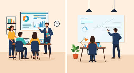 Vibrant flat illustration depicting business professionals collaborating, presenting data, and working in dynamic office environments.