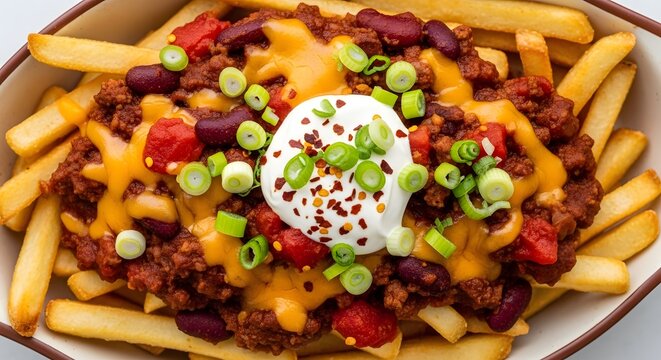 Close-up of loaded chili cheese fries, rich textures and bold colors.