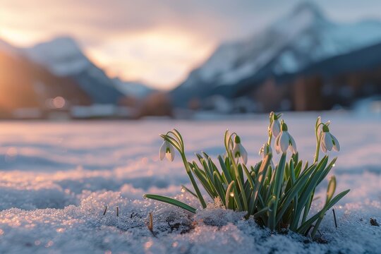 Snowdrops bravely rise through the cold snow as dawn approaches, their delicate petals shimmering in the gentle light of a wintry morning in the mountains