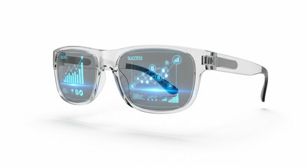Smart glasses with futuristic blue interface on lenses against white background