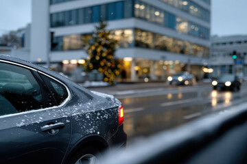 Fototapeta premium A bustling urban street scene captures cars moving through a snowy landscape, accentuated by the glow of interior lights from nearby buildings reflecting the winter atmosphere.