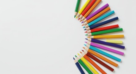 Fototapeta premium Colorful pencils arranged in a semi-circle on a white background. Creative school supply layout for art and education concept. copy space