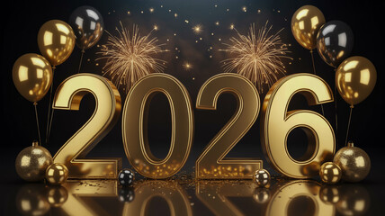Golden 2026 numbers with balloons and fireworks for new year celebration