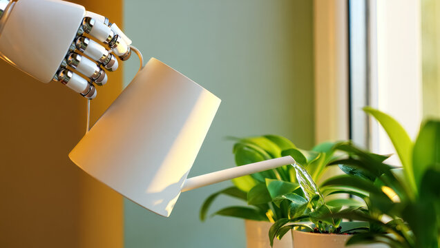 A robotic hand gently watering indoor plants with a minimal white watering can in warm natural light, creating a clean and modern scene of automated home plant care