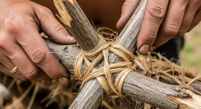 Hands crafting primitive deadfall trap with twine and sticks for survival skills