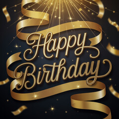 Elegant golden happy birthday text with sparkling ribbons and confetti on dark background