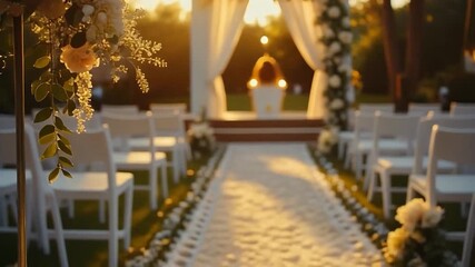 Outdoor ceremony setup featuring floral arrangements at sunset