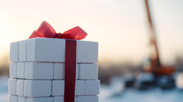 A stack of white, brick-like objects forms a makeshift present, tied with a bright red ribbon. The gift sits in a snowy, bright outdoor space, hinting at a thoughtful winter surprise.