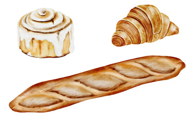 Watercolor baking set. A loaf, a Cinnamon Roll, and croissant. French pastry. Food clip art. Perfect for bakeries and pastry shops.