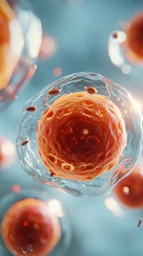 Microscopic view of biological cells floating in fluid and light blue background