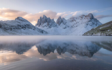 Snow-covered mountain peaks reflected in a calm lake at sunrise mountains winter