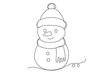 Winter Holiday Decoration Snowman Line Art. Christmas or New year Greeting Card Template. Outline Cute Cartoon Snowman Character Illustration. Happy Holiday Family Party Invitation Design Mascot