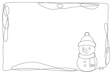 Winter Holiday Decoration Snowman Line Art. Christmas or New year Greeting Card Template. Outline Cute Cartoon Snowman Character Illustration. Happy Holiday Family Party Invitation Design Mascot