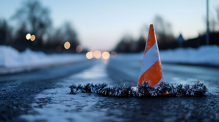 A reflective traffic cone with festive tinsel accents on an icy road at twilight. The blurred lights of vehicles hint at winter hazards and the need for caution. Stay safe!