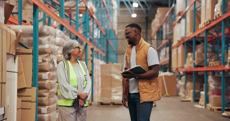 People, handshake and tablet for stock in warehouse with supply chain, discussion and meeting. Shaking hands, logistics and tech for export and inventory management for shipping quality control - Powered by Adobe