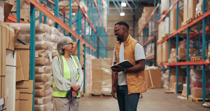 People, handshake and tablet for stock in warehouse with supply chain, discussion and meeting. Shaking hands, logistics and tech for export and inventory management for shipping quality control