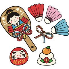 Japanese New Year Icons Set Vector Illustration with Battledore and Daruma