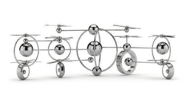 Abstract Metallic Spheres and Rings Sculpture on White Background. - Powered by Adobe