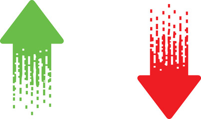 Vector of up and down arrows in green and red, symbolizing growth, decline, finance, business trends, success, failure, and digital data visualization.
