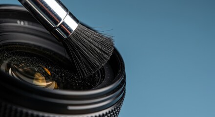 Cleaning a dirty camera lens with a soft photography brush. Essential equipment care for photographer instrument maintenance. copy space