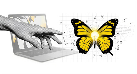 Digital transformation and innovation symbolized by butterfly emerging from laptop