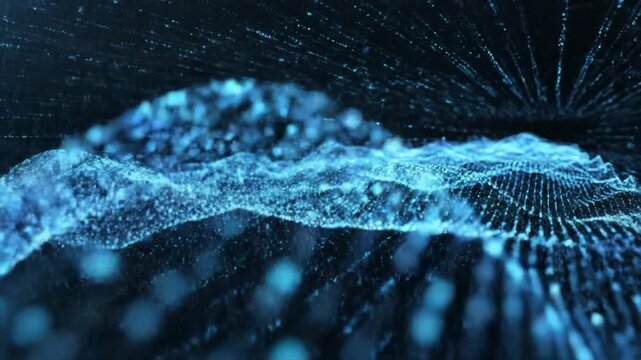 Futuristic data technology illustration with abstract waves, connecting dots, and digital lines, representing information flow, big data, and advanced computational networks