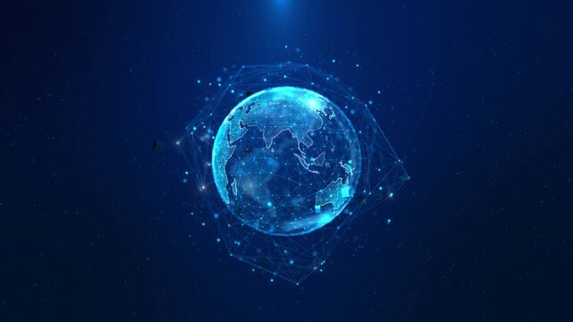 Global network IoT Internet of Things Network 3D Holographic Earth globe HUD, maps Futuristic, technology, data, interface, digital, innovation, HUD, displaying continent maps and data tables.