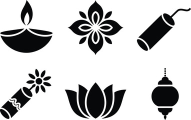 Black Diwali Icons Set – Diya Lamp, Mandala, Firecracker, Lotus Flower, and Hanging Lantern Festive Symbols